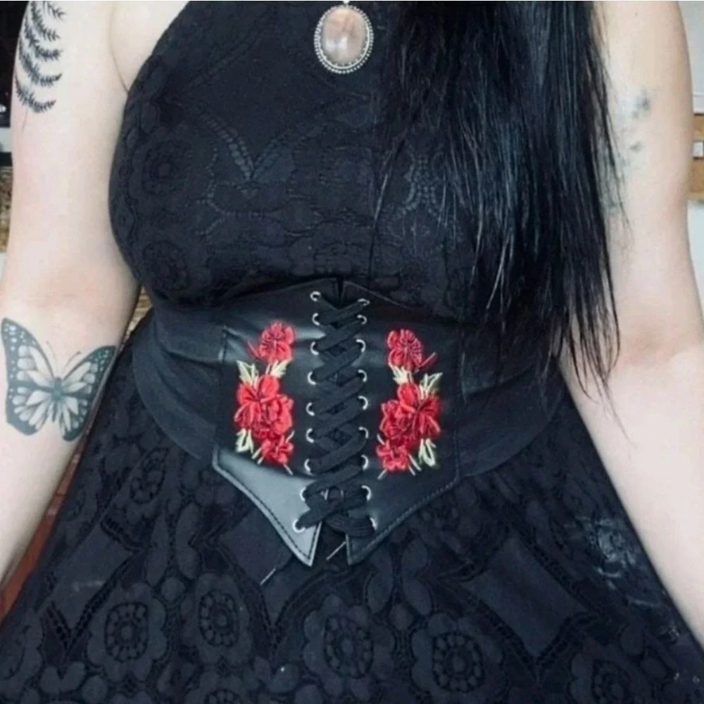 Corset Black Plus size Embroidered Wide Waist Belt Elastic cottage whimsigoth